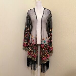 NWT Mesh Rainbow Floral Embroidered Fringe Kimono Duster Coverup Boho Fairy Rio